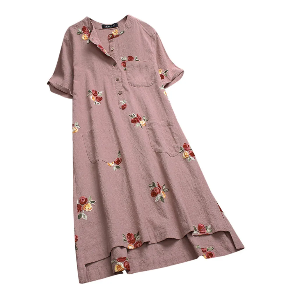 

JAYCOSIN Women's Clothing O-Neck Short Sleeve Straight Dress Ladies Vintage Casual Irregular Floral Embroidered Pockets Dresses