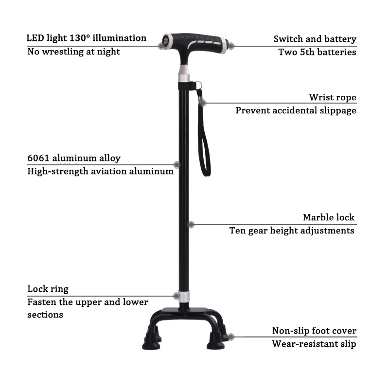 ANXIAOKANG Safe&Reliable Crutches Lighted Four-legged Cane Telescopic Old Man Walking Stick Pole Walking and Hiking for Elderly ANXIAOKANG Safe&Reliable Crutches Lighted Four-legged Cane Telescopic Old Man Walking Stick Pole Walking and Hiking for Elderly