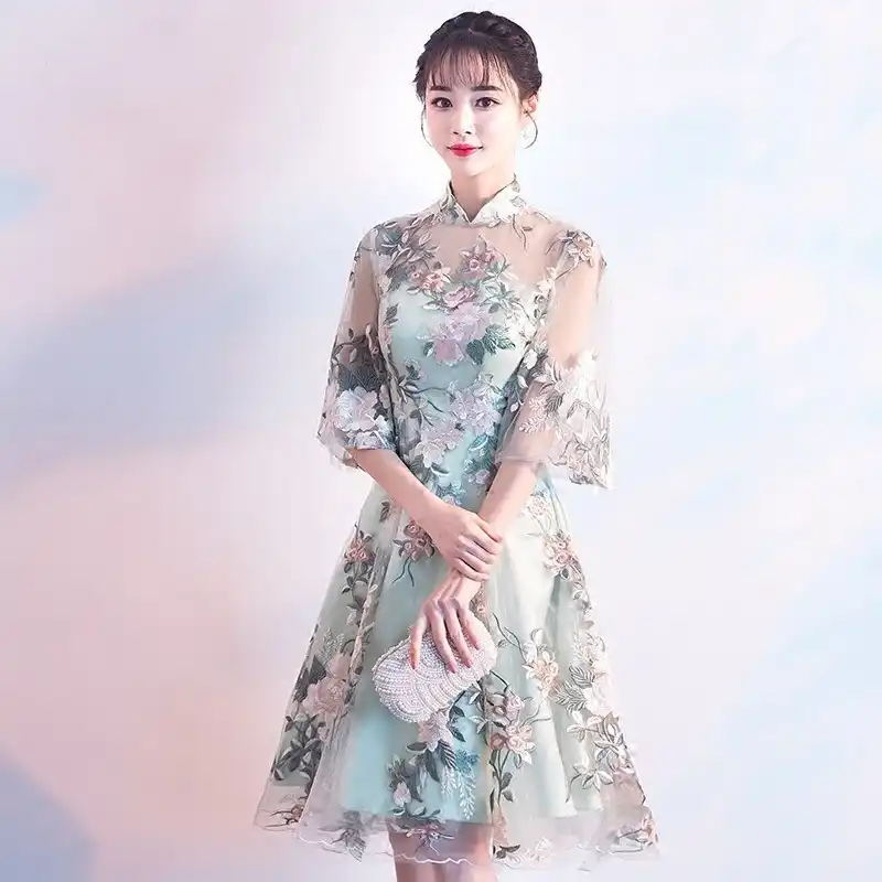 Encaje Verde Chino Tradicional Vestido De Noche Qipao Vestidos De Fiesta Novia Cheongsam 2018 Moda Corto Oriental Vestidos De Boda Aliexpress