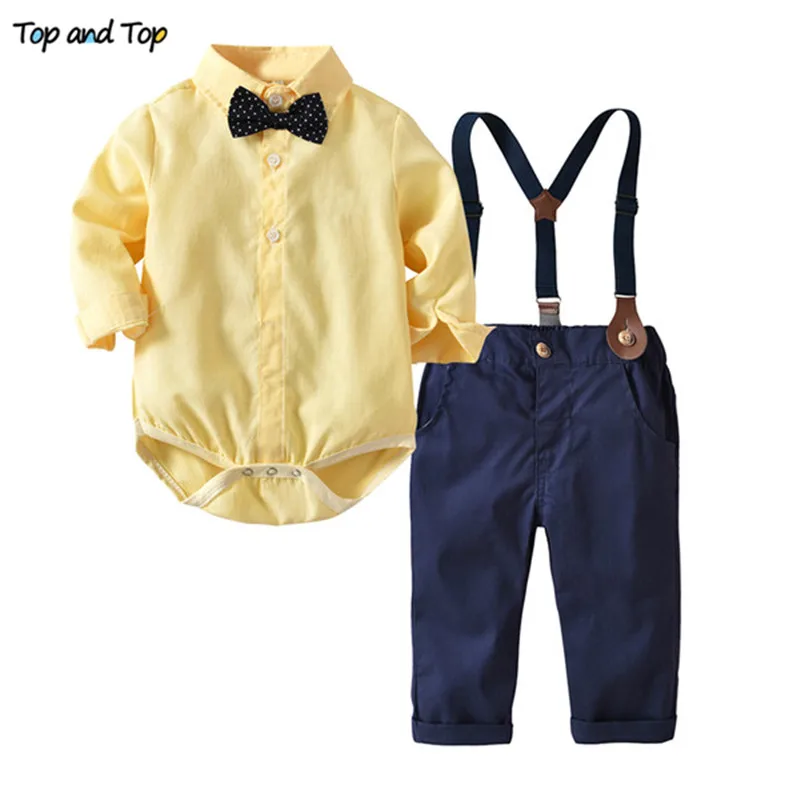 Топ и топ, комплект джентльменской одежды для маленьких мальчиков, комбинезон с длинными рукавами, рубашка с галстуком-бабочкой+ штаны+ жилет, комплект из 3 предметов, повседневная одежда для свадьбы - Цвет: Цвет: желтый