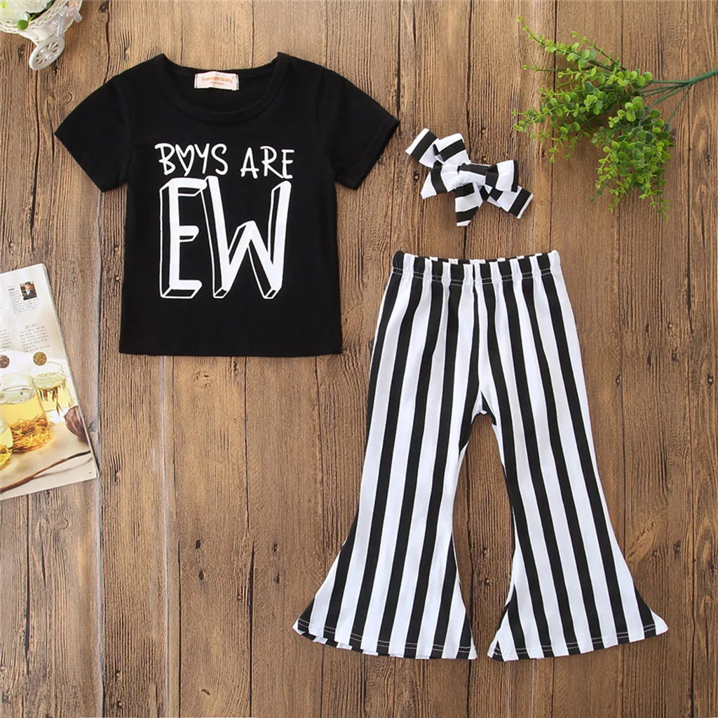 Toddler Kids Baby Girls Outfits Clothes T shirt Tops+Striped Flared ...