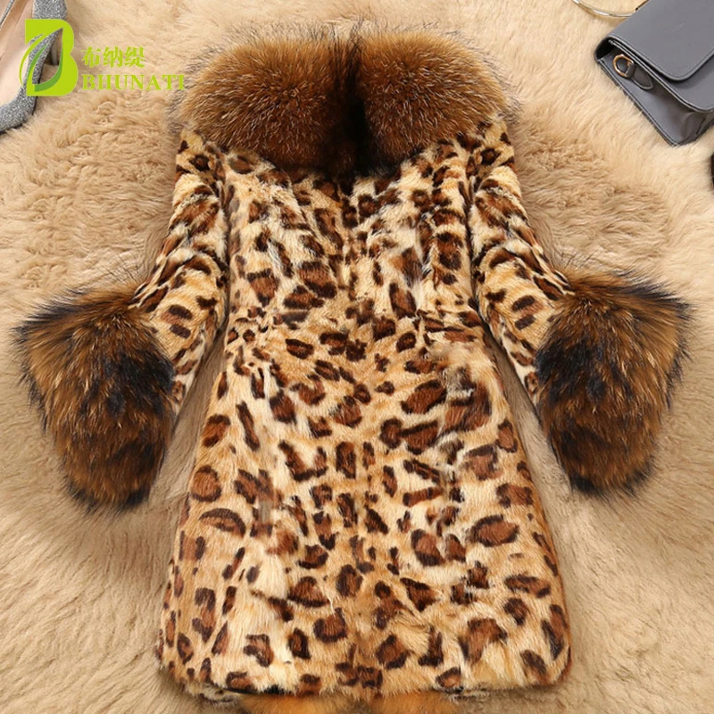 Boutique Women's Autumn Winter Faux fur Jackets Leopard Mink Fur Coats Faux Raccoon Fur Collar Plus Size Fur Jackets