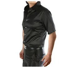 Черная шелковая короткая рубашка атласная гладкая Мужская Однотонная рубашка-смокинг бизнес Chemise Homme Повседневная облегающая блестящая Свадебная короткая рубашка