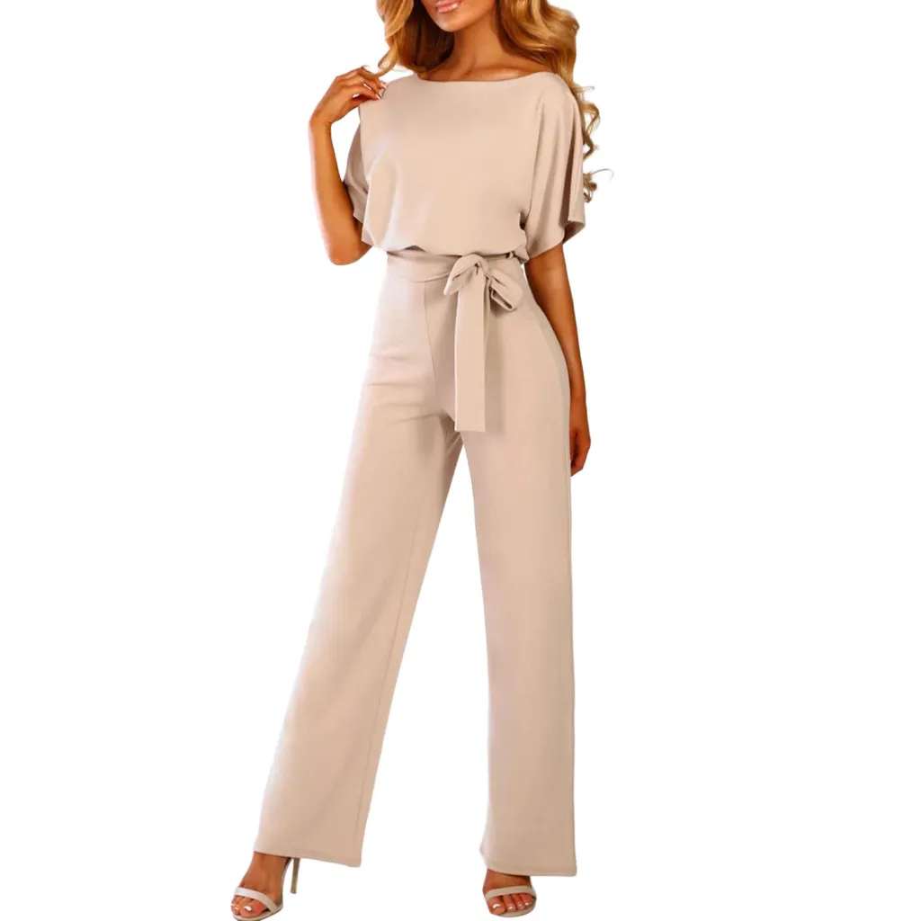 

Women Summer Short Sleeve Jumpsuit Lace Button Straight Leg Jumpsuit With Belt Fashion Loose Commuter Office Jumpsuits #Y1