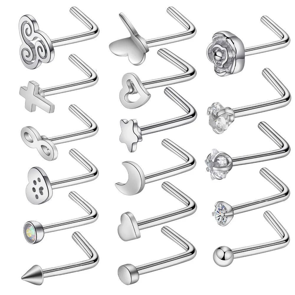

GAGABODY 20G Nose Studs Surgical Steel L-Shape Nostril Studs Screws Nose Ring Hoop Body Piercing Silver Heart Nose Stud