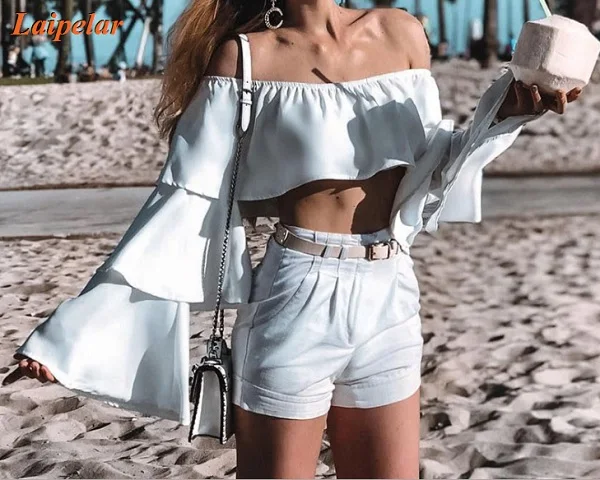 

Laipelar 2019 summer women's tops hot casual trumpet sleeves word shoulder
