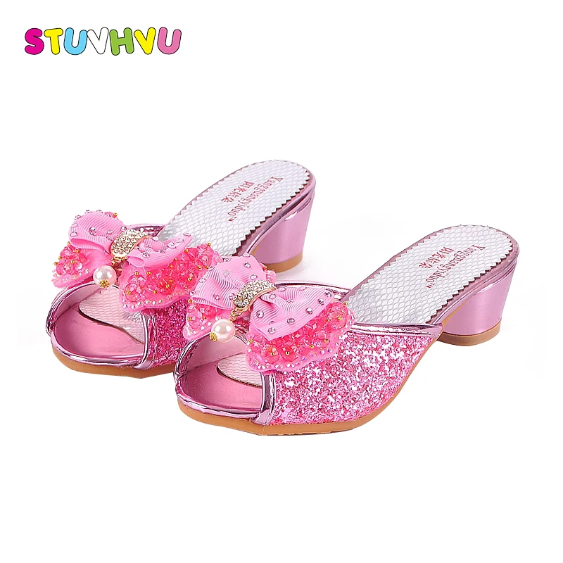 Summer pink high heels for girls slippers fashion sequins leather girls