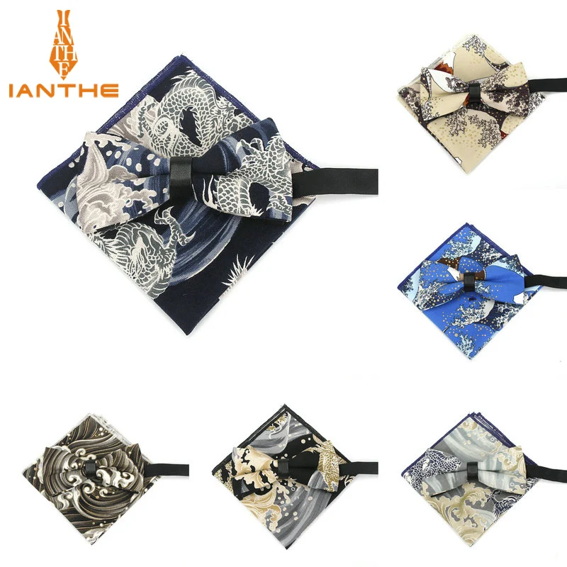 Brand New Men's Cotton Adjustable Suits Navy Bow Tie Pocket Square Set Bowtie Handkerchief Wedding Party Butterfly 2pcs/set |