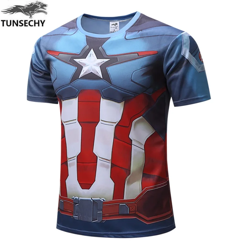 TUNSECHY Новинка Капитан Америка 1 супер герой лайкра компрессионные колготки Футболка мужская одежда для фитнеса короткий рукав XS-4XL