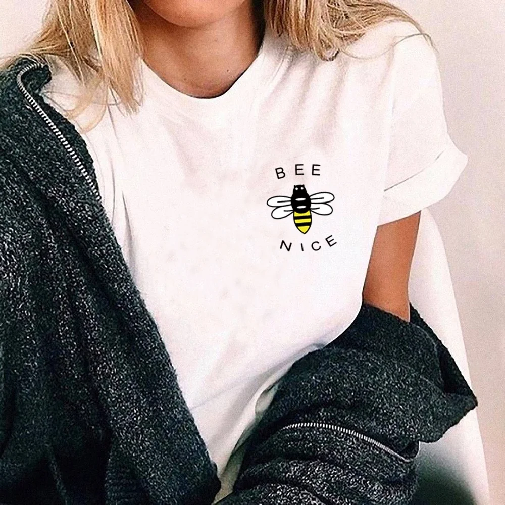 kuakuayu-XSX White Pink Bee Kind Print Women Causal T Shirt Women Vegan Tops Nature Lover Beekeeper Shirt Save The Earth Day Top