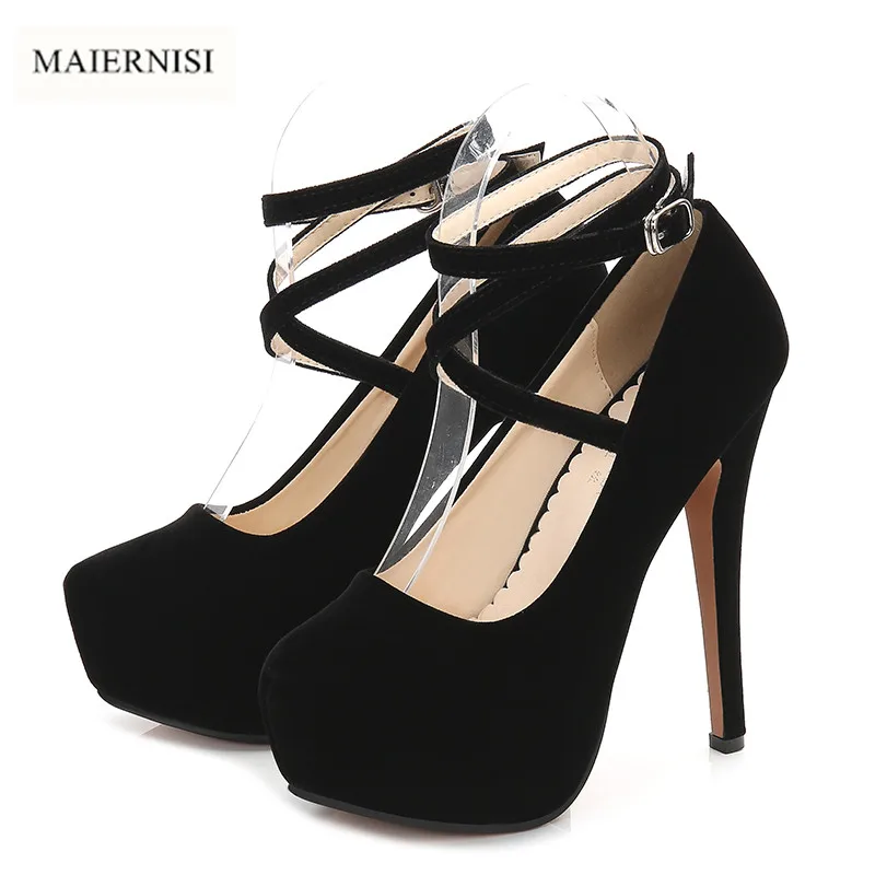 

MAIERNISI Summer 2018 New European Fashion Heeled Platform Cross Straps Pumps Size 42 43 Ultra High Heels Women's Shoes Y14-4