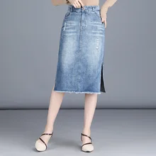 3312 сырая женская джинсовая юбка женская Весна Девушка Лето Новая повседневная Уайлд Высокая талия Сплит сумка бедра юбка длинная секция