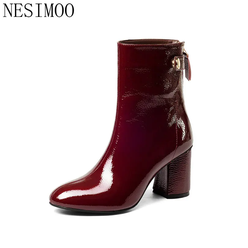 

NESIMOO 2019 Winter Genuine Patent Leather+PU Shoes Woman Ankle Boots High Heel Round Toe Ladies Motorcycle Boot Size 34-39