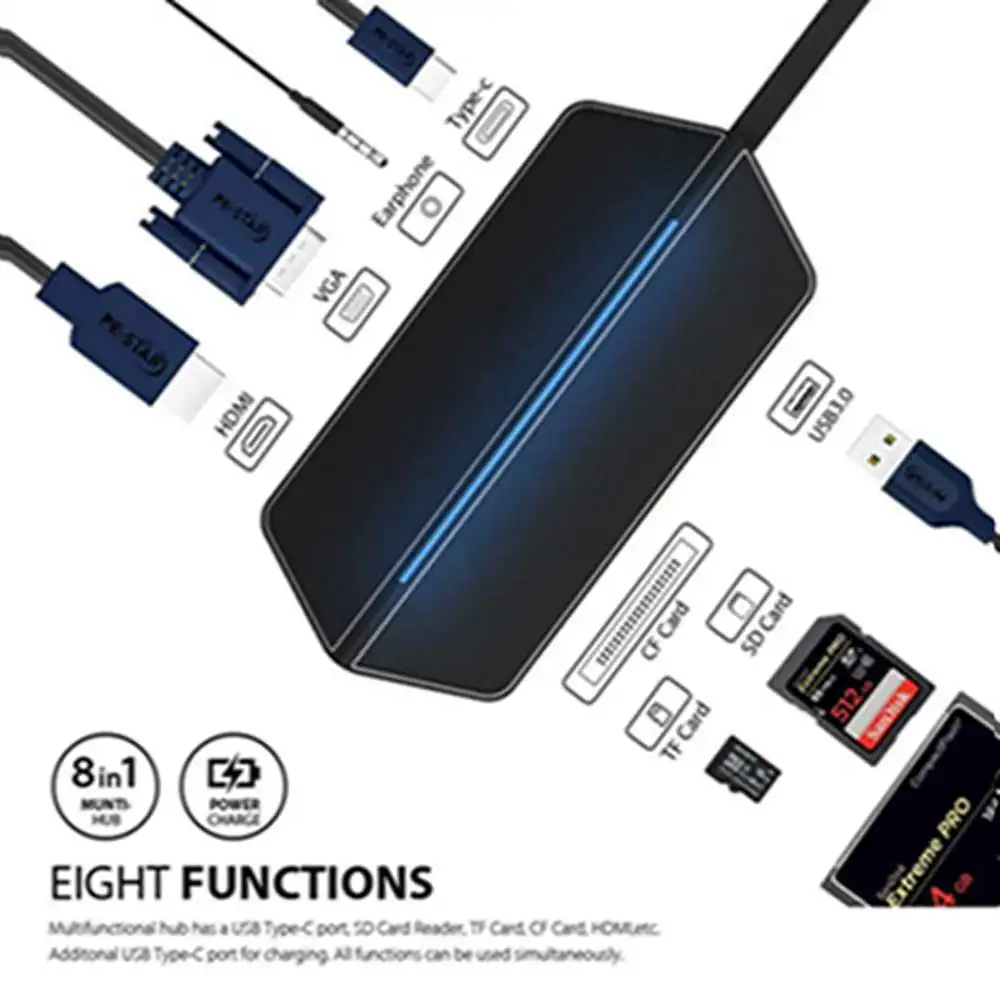 

8 in 1 Thunderbolt 3 Hub USB Type-C to HDMI VGA USB 3.1 Multiport Charging Converter Adapter For MacBook Pro Google Chromebook