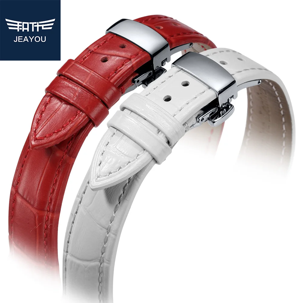 JEAYOU Leather Watch Band For Women Watch Strap Bracelet For Tissot Mido Casio White Red Pink