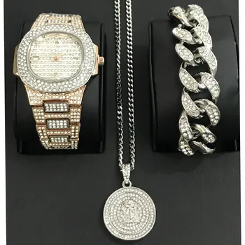 

Luxury Men Watch Hip Hop Diamond Watch Men Jewelry Watch & Bracelet & Necklace &Combo Set Pendant Ice Out Cuban Bracelet NEW