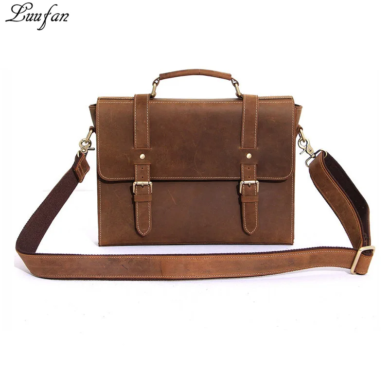 Men crazy horse leather briefcase brown laptop tote bags vintage real