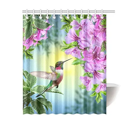 

Hummingbirds Shower Curtain Art with Colibri Bird And Tree Branch Bathroom Curtain Romantic Springtime Curtain Sets With Hooks