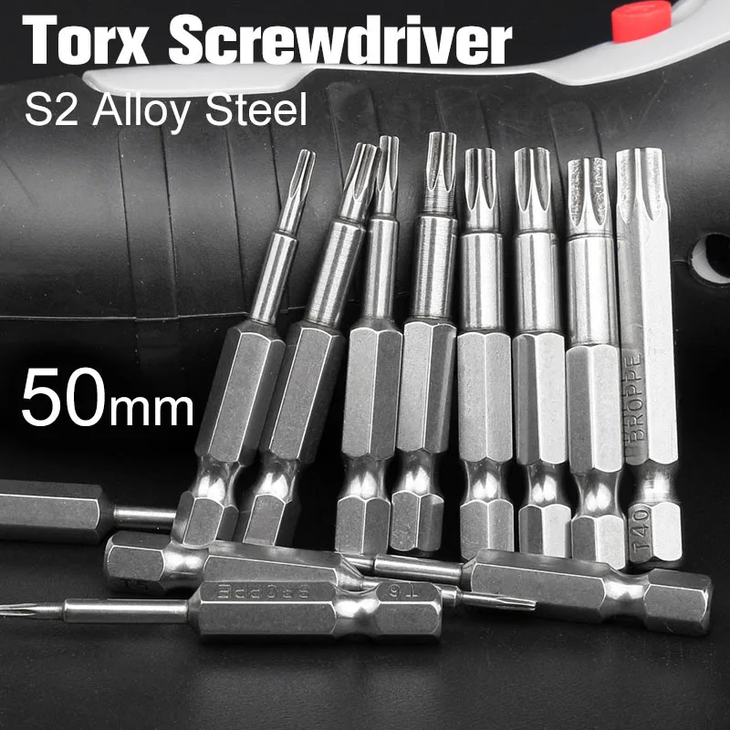 

12 Pcs 50mm High Quality S2 Set Security Tamper Hex Screwdriver Bit Drill Driver Bit T6-T40 Hex Torx Head Flat 1/4 Drill Tools