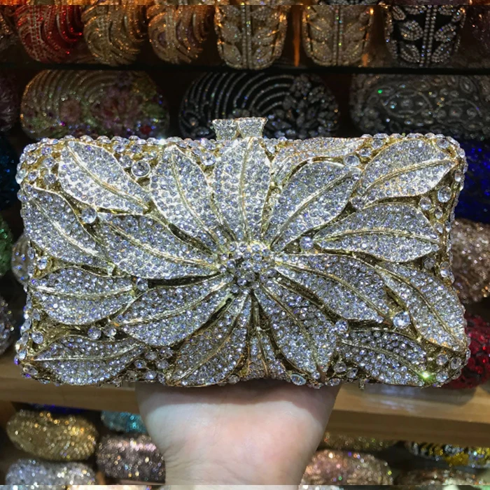 

XIYUAN BRAND gold Crystal Women Flower Evening Clutches Purse Circular Metal Minaudiere Handbag Clutch Bag Wedding Bridal Bag