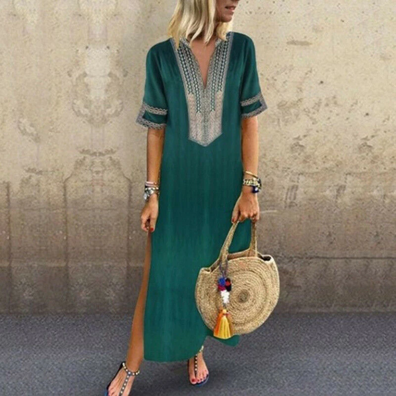 

2019 Women Dress Casual Plus Size African Printed Maxi Dresses Short Sleeve Slim V neck Long Dress Solid Color Summer Streetwear