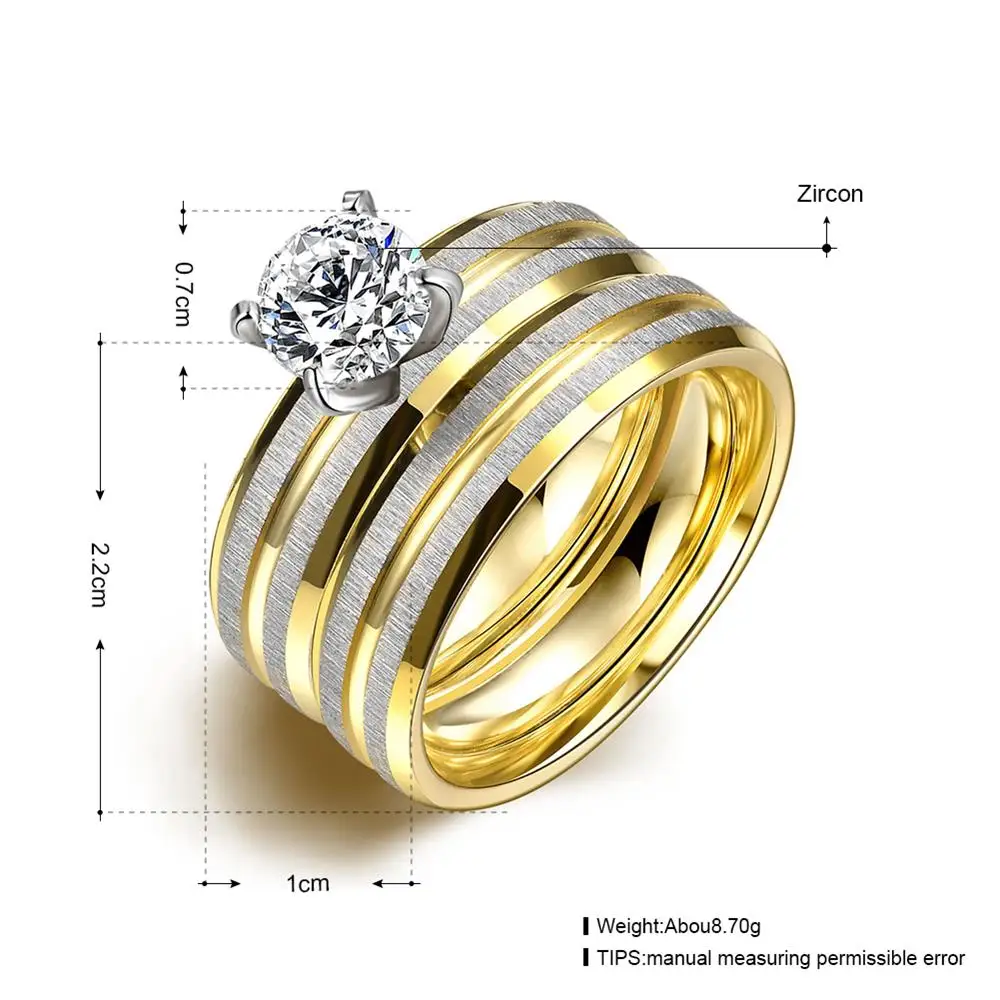 Engagement Promise Jewelry Round Cut AAA Zircon Couples Ring Set Gold Color Titanium Stainless Steel Wedding Ring for Men Women