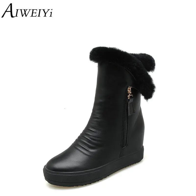 

AIWEIYi Black Ankle Boots for Women Round toe Wedge Heel High Heels Shoes Woman Plush Warm Winter Boots Botas Mujer