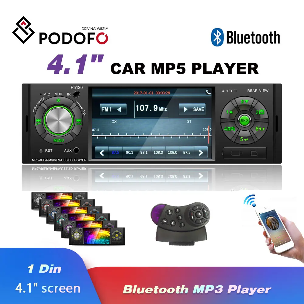 Podofo Радио авторадио автомобиля Bluetooth Авто Аудио Стерео FM Aux вход приемник SD USB 1 din
