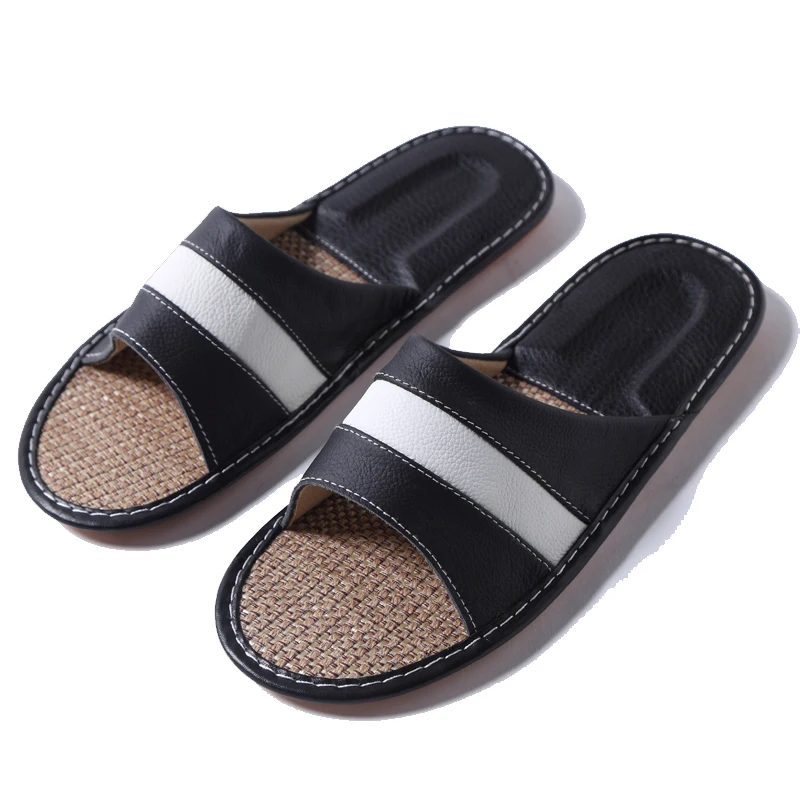 

Summer Linen Leather Slippers Home Couple Slippers Female Indoor Non-slip TPR Bottom Sandals Stitching Style