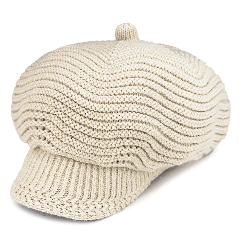 

Women's Rabbit hair Knit Octagonal Hat with Screw thread Furry plush lining Visor Pacifier Winter Painter Cap Peaked Tuque Warm