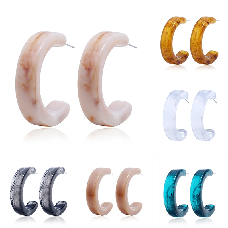 

1Pair Acrylic Marbled Round Hoop Earrings Tortoise Shell Resin C-Hoop Women Earrings Exquisite Earrings