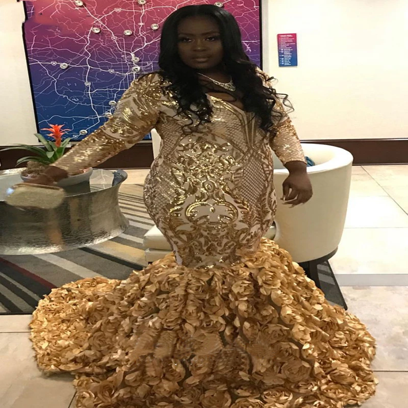 

African Plus Size Sexy Mermaid Prom Dress V-neck Long Sleeves Gold Sequin Black Girls Women Evening Dresses 2019 robes de soirйe