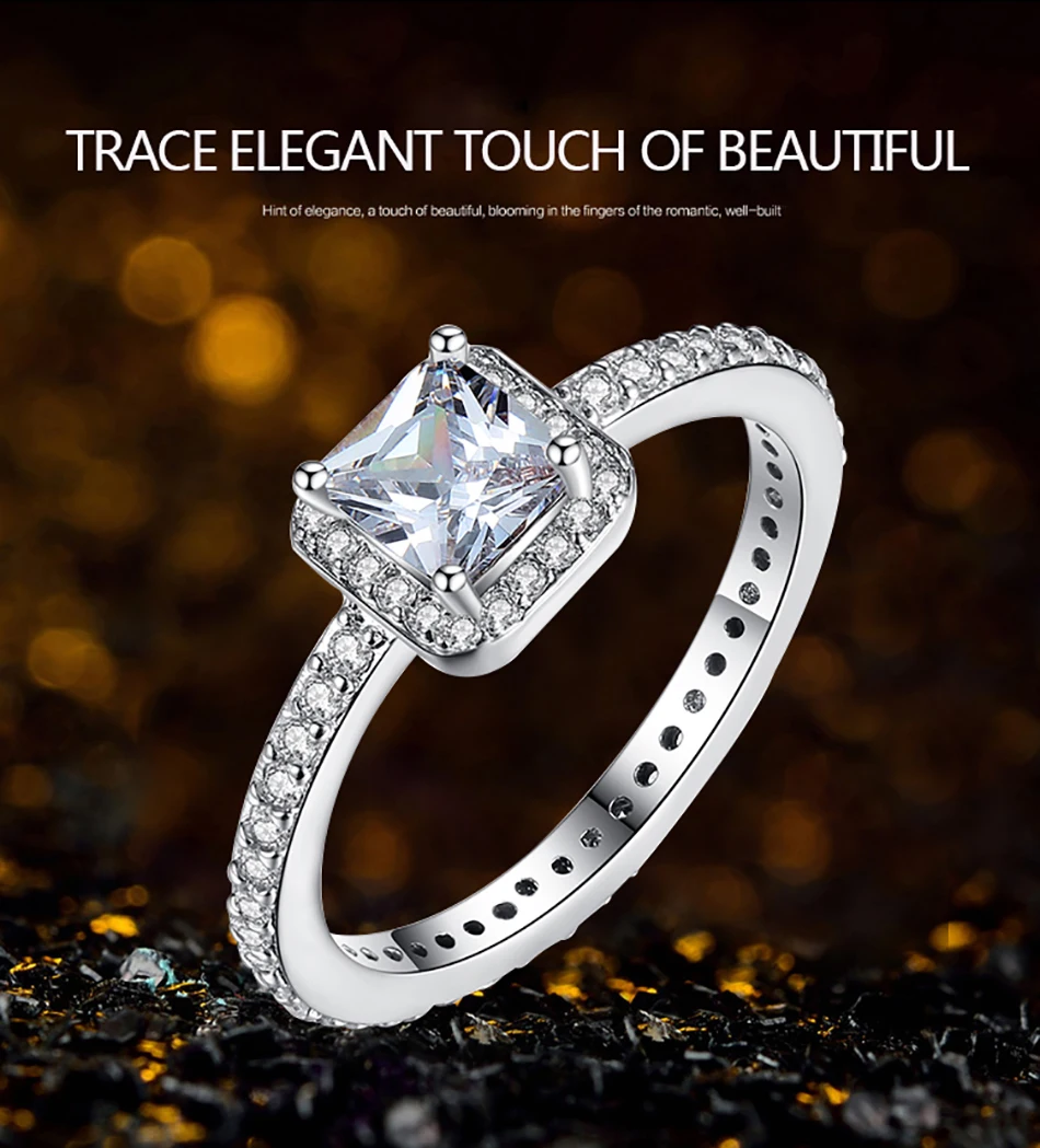 ELESHE, высокое качество, 925 серебряное кольцо, свадебное, принцесса, квадратное, CZ камень, кольца на палец для женщин, обручальное, серебряное ювелирное изделие, подарок