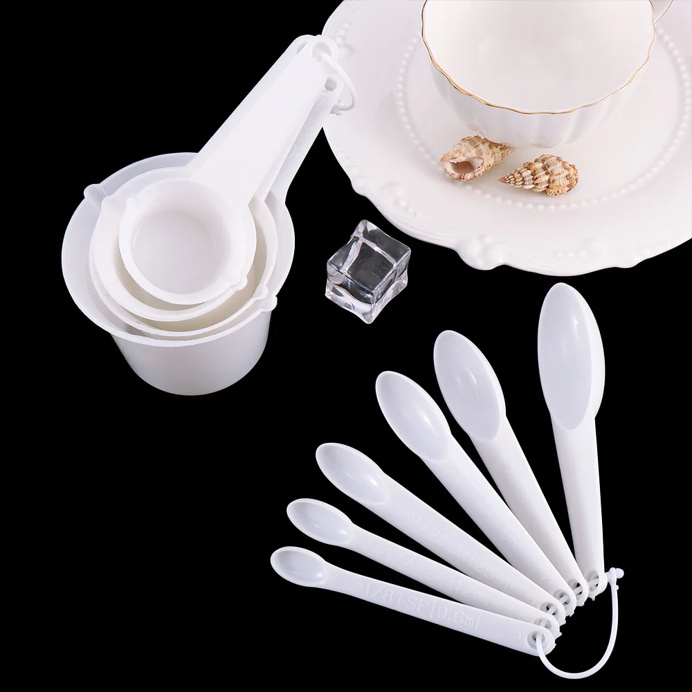 

11Pc Measuring Tools Plastic Kitchen Measure Spoons Cups Tablespoon Sets White Handle Useful Baking Spoon Home Accessories