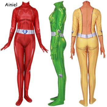 

Anime Totally Spies Cosplay Costume Clover Ewing Samantha Simpson Alexandra Bodysuit Suit Zentai Jumpsuits for Women Girls Kids