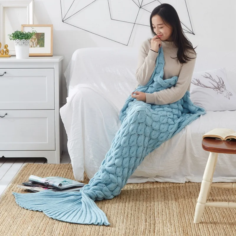

Mermaid Tail Blanket Yarn Knitted Handmade Crochet Fishtail Blanket Kids Throw Bed Wrap All Seasons Sleeping Knitted Blankets