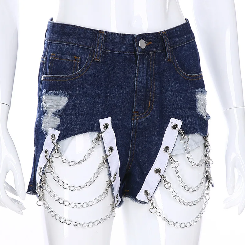 Уличная панк джинсовые шорты женские металлические цепи отверстие Сексуальные Высокая талия шорты модные короткие джинсы летние трусики