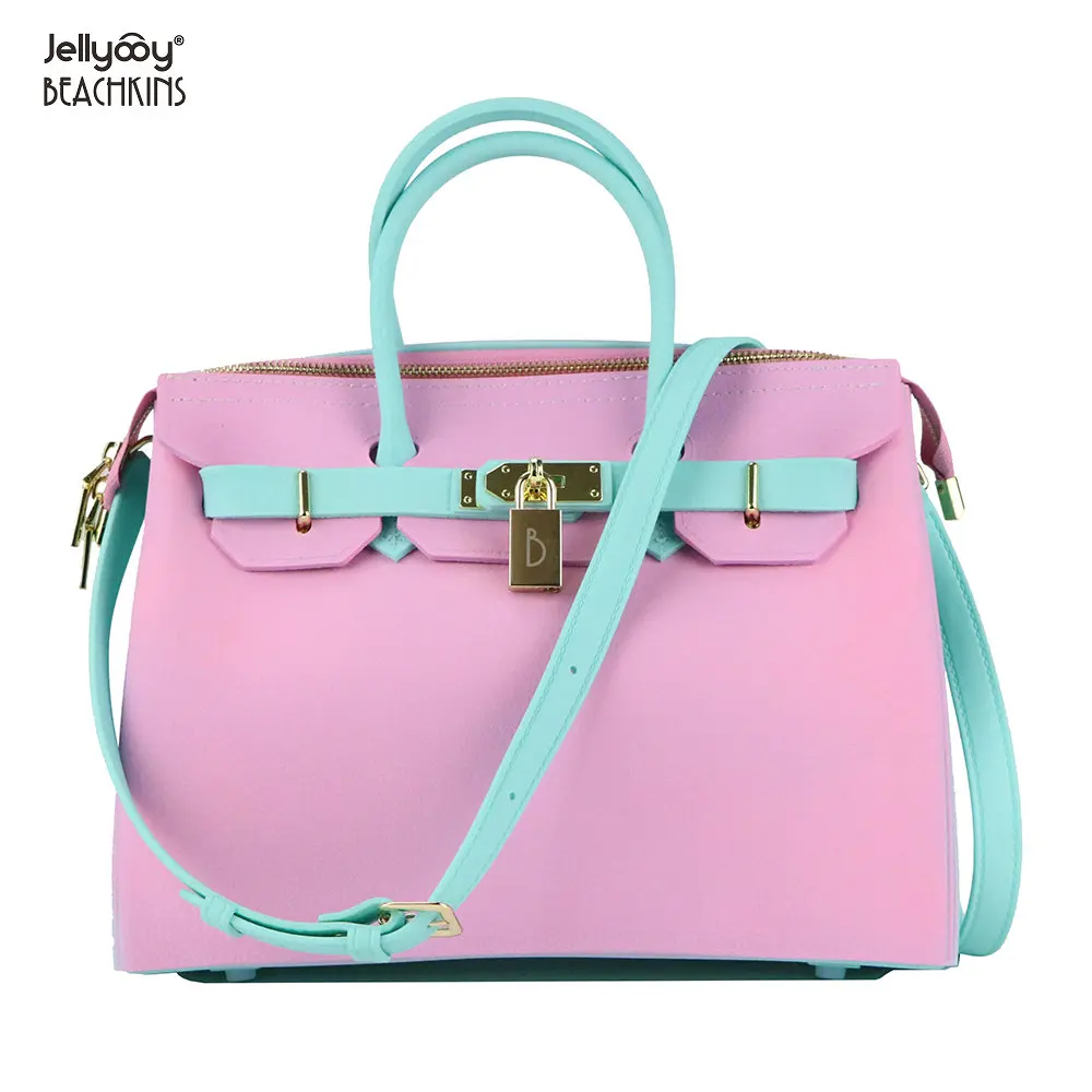 

Jellyooy Beachkins Women's Padlock Zipper Handbags Matte Color Candy Bag Lichee Pattern Fashion Jelly BEACHKINS Handbag 30CM