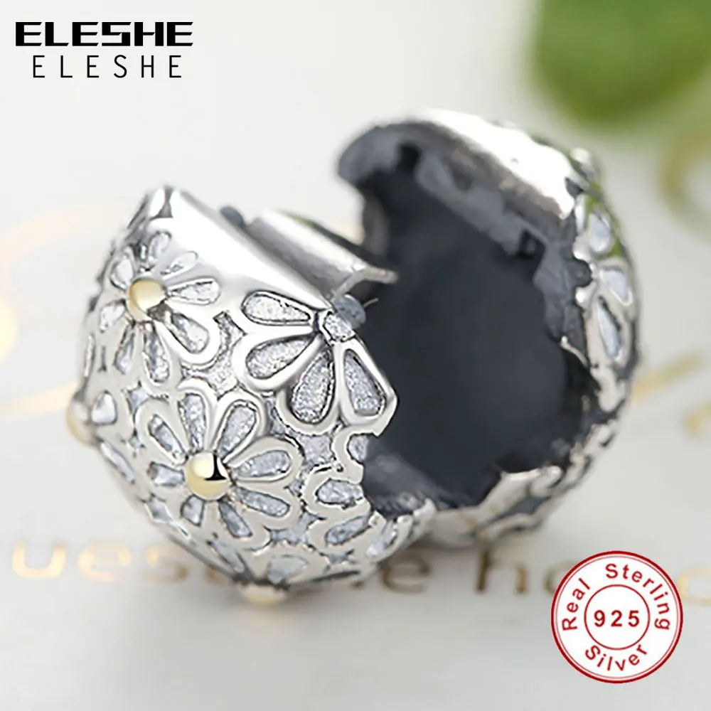 ELESHE New Fashion Real 925 Sterling Silver Daisy Flower Clip Charms Bead Fit Original Bracelet Bangle Authentic Jewelry