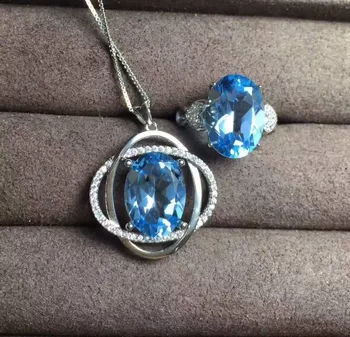 

Natural blue topaz gem Ring Pendant Natural Gemstone Jewelry Set 925 Silver Fashion Elegant round surround Women Necklace Ring