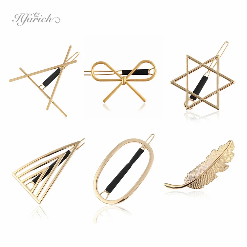 Hfarich Gold Triangle Star Hair Clips for Women Headwear Round pins Feather Geometric Accessories 2019 | Украшения и аксессуары