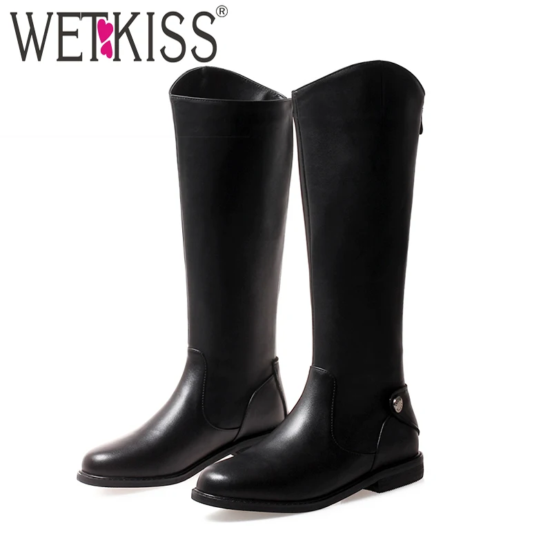 

WETKISS Winter Motorcycle Women Knee High Boots Zip Round Toe Footwear Cow Leather Low Heels Female Boot Riding Shoes Woman 2018