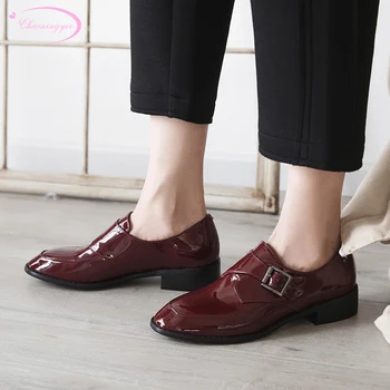 

Chinese casual style paint natural leather pump fashion slip-on buckle strap black red thick medium heel women's shoes