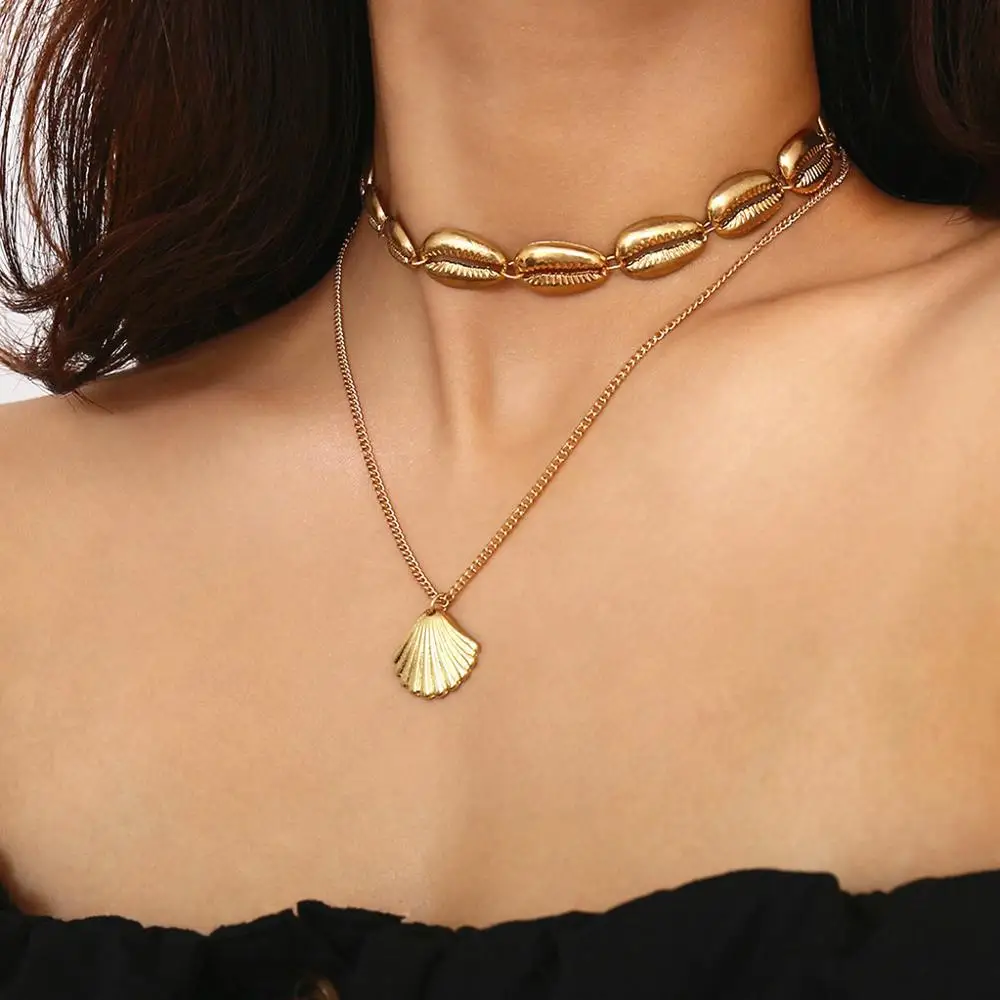 

Boho Fashion Gold Necklace Bohemian Sea Shell Necklace Choker Summer Pendant Link Chain Silver Shell Necklace for Women Jewelry