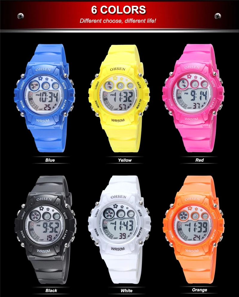 Детские спортивные часы Ohsen цифровой бренд светодиодный оранжевый шок дети кварцевый резиновый наручные часы водонепроницаемые часы Relogio