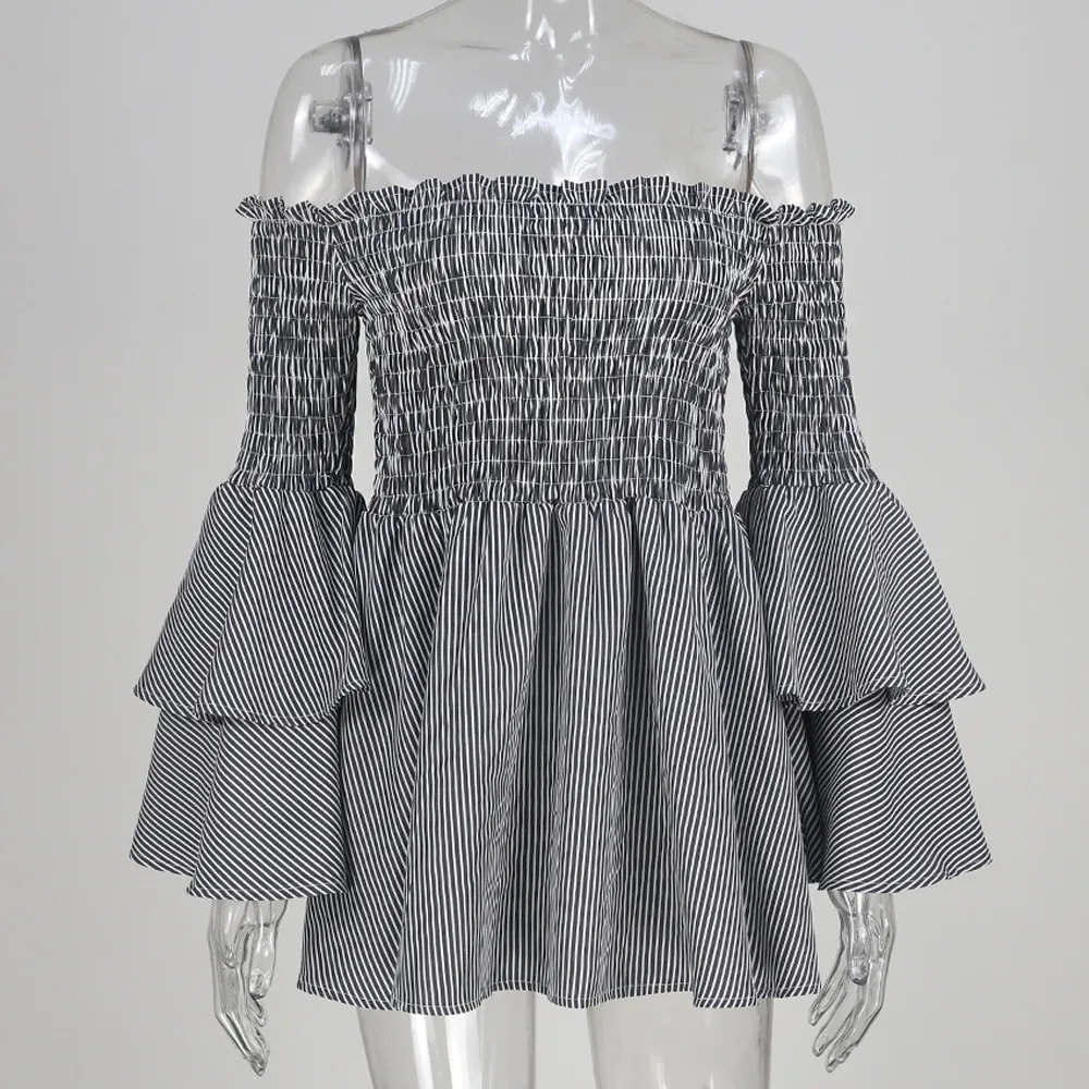 

Spring Autumn Full Sleeve Holiday Off Clothes Slash Neck Women's Striped Strapless Trumpet Sleeve Ladies Casual Boho Dress #C