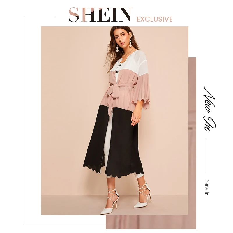 SHEIN Контрастное Платье С Фигурной Отделкой Женское Розовое Модное Платье С Поясом И Фестонами