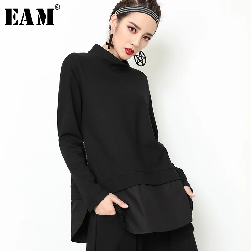 [EAM] новинка осень зима Высокий воротник длинный рукав черный свободный подол Сплит соединение свободный свитер Женская мода JY504