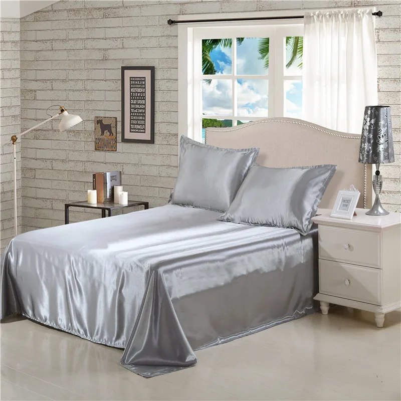 Hot Sale Luxury Grey Solid Satin Silk Duvet Cover Set Smooth Cold
