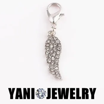 

20pcs/loy Free Shipping Crystal Vinatge Sliver Angel Wings Charms Pendant With Lobster Clasp For Floating Locket